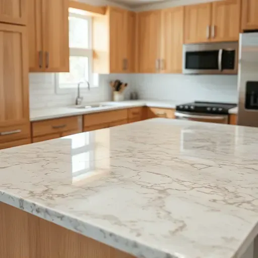 Freshly installed granite kitchen countertop with intricate veining, polished finish, warm wood cabinets, stainless appliances, and natural daylight