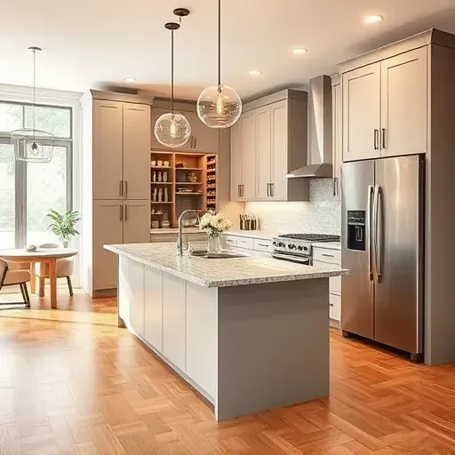 Freshly remodeled kitchen in Beltsville MD with modern cabinetry, stainless steel appliances, and spacious granite island.