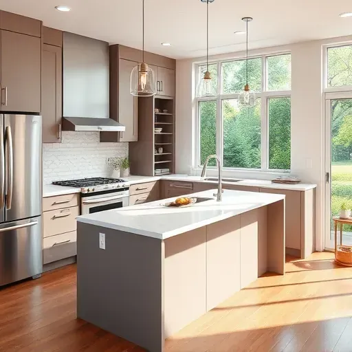 Remodeled Temple Hills Maryland kitchen with modern matte cabinets, stainless steel appliances, quartz counter, and lush greenery outside