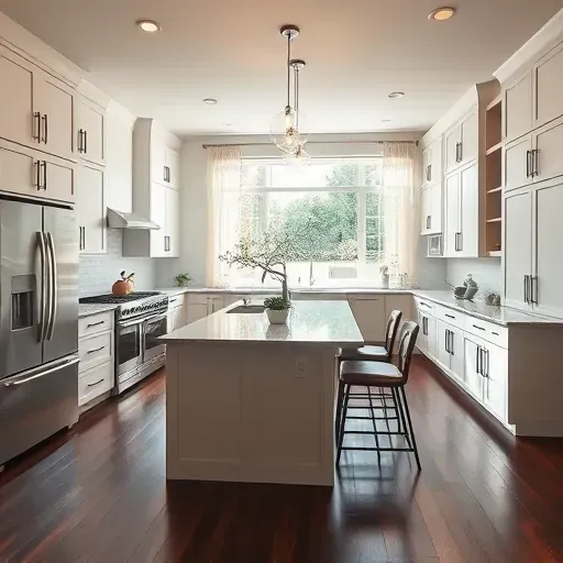 Kitchen remodel in Arlington VA featuring modern cabinetry, quartz countertops, stainless steel appliances, and warm pendant lighting.