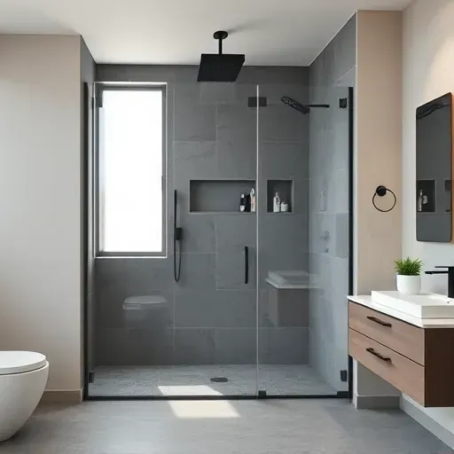 Completed modern walk-in shower with black fixtures, glass panels, textured gray tiles, and natural lighting in a sleek bathroom