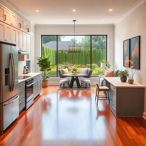 Elegantly remodeled living space in Upper Marlboro MD features modern kitchen, hardwood floors, and natural light.