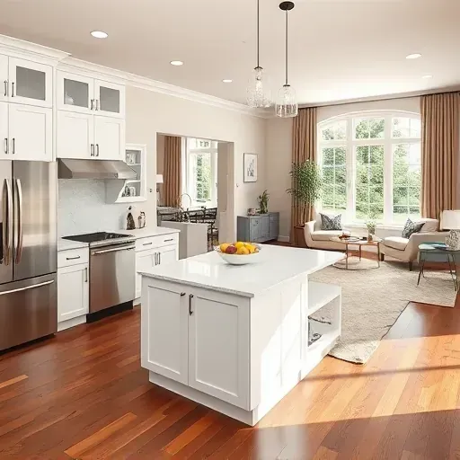 Modern kitchen in Clinton, MD with stainless steel appliances, quartz countertops, open living area, and elegant décor.