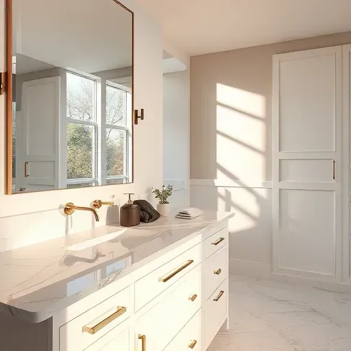 Beautiful modern bathroom vanity with marble countertops, sleek cabinetry, large mirror, and high-end accessories in Hyattsville MD