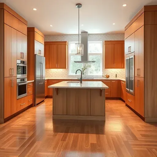 Remodeled modern kitchen in Largo MD with sleek wood cabinetry stainless steel appliances granite island hardwood floors and natural light