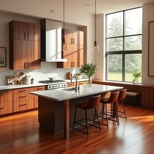 Modern remodeled kitchen in Forestville MD with sleek cabinetry, spacious island, high-end appliances, and tasteful decor.