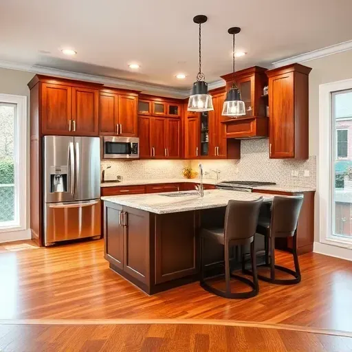 Renovated kitchen in Alexandria VA featuring high-end appliances, granite countertops, wooden cabinetry, and inviting ambiance.