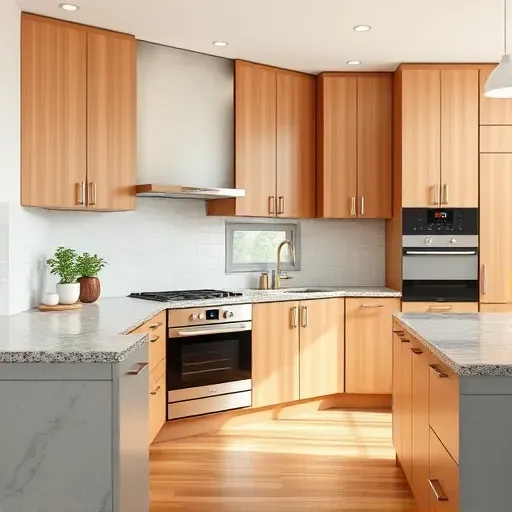 Beautiful modern kitchen with warm wood cabinets granite countertops stainless steel appliances and natural light