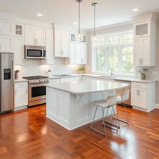Modern kitchen remodel in Severn MD with white cabinets, granite countertops, stainless steel appliances, and warm lighting.