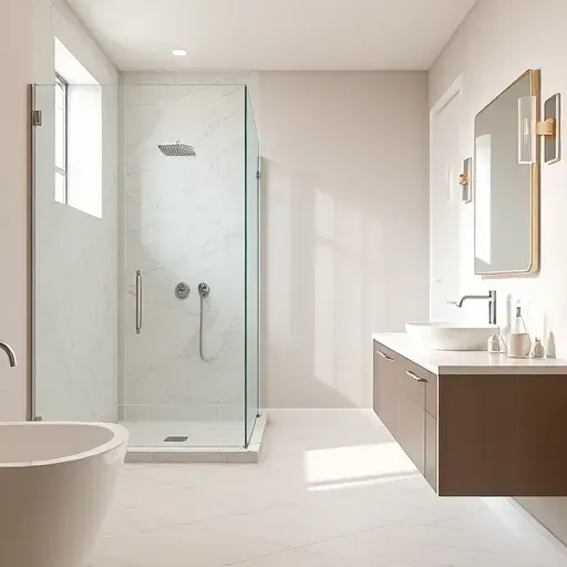 Completed modern bathroom in Hyattsville MD with walk-in shower, marble tiles, vessel sink, chrome accents, and neutral tones