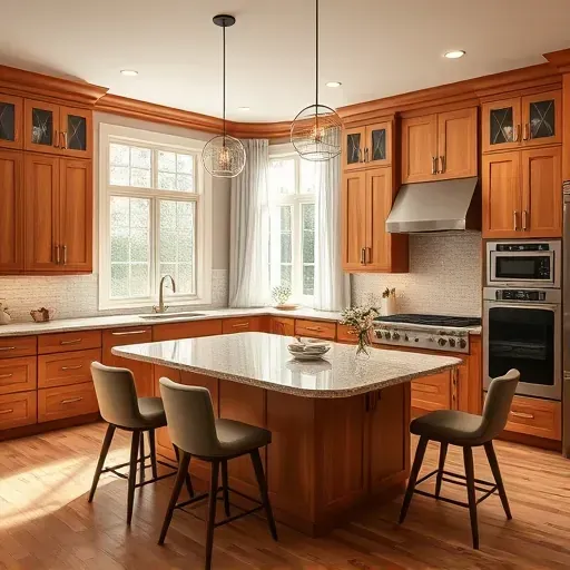 Beautifully remodeled kitchen in Severn MD with granite countertops, stainless steel appliances, and warm wood cabinetry.