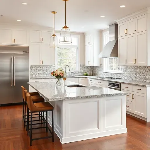 Modern kitchen remodel in Lanham MD featuring elegant finishes, large island, stainless steel appliances, and natural light.