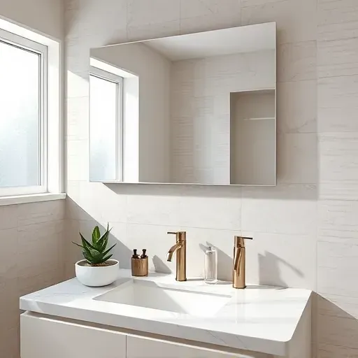 Beautiful modern bathroom with large frameless mirror, marble countertop, neutral tiled walls, brushed nickel fixtures, and greenery