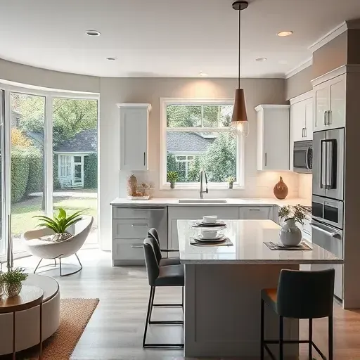 Modern kitchen in Laurel MD with sleek cabinetry, polished countertops, elegant lighting, and stylish dining area design.