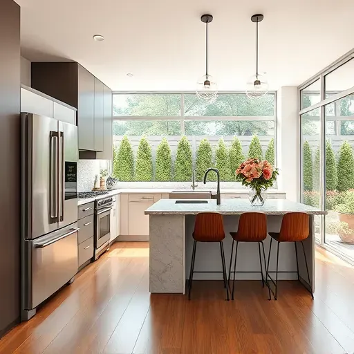 Modern kitchen remodel in Hyattsville MD with quartz countertops, stainless appliances, open layout, and natural light.