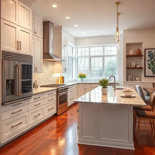 Modern kitchen remodel in Chillum MD with white cabinetry, stainless steel appliances, and polished granite island.