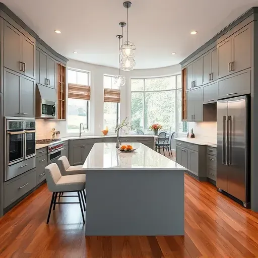 Recently remodeled Fairfax VA kitchen with modern gray cabinets, warm wood accents, marble island, stainless appliances, subway backsplash, and a bright breakfast nook