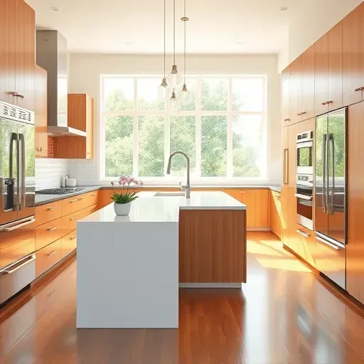 Remodeled modern kitchen in Chillum MD with quartz countertops stainless steel appliances warm wood cabinets hardwood floors and natural sunlight