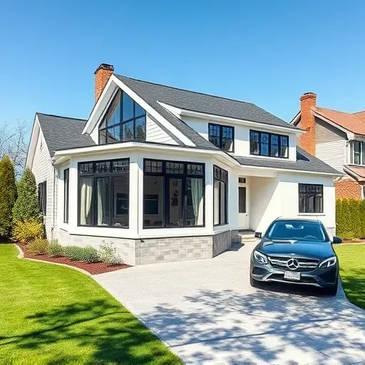 Recently completed modern home addition in Hyattsville MD with large energy-efficient windows landscaped patio and contemporary roof