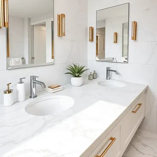 Beautiful modern vanity in Hyattsville MD with polished marble countertops, elegant tile, and sleek accessories