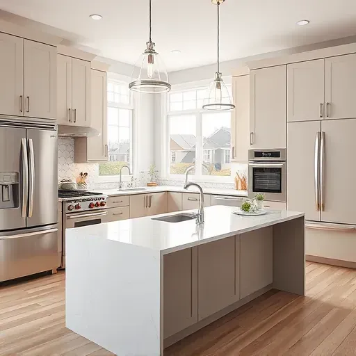 Modern kitchen with sleek matte cabinets, stainless steel appliances, marble quartz island, elegant pendant lighting, geometric backsplash, bright natural light, organized, polished, suburban backdrop