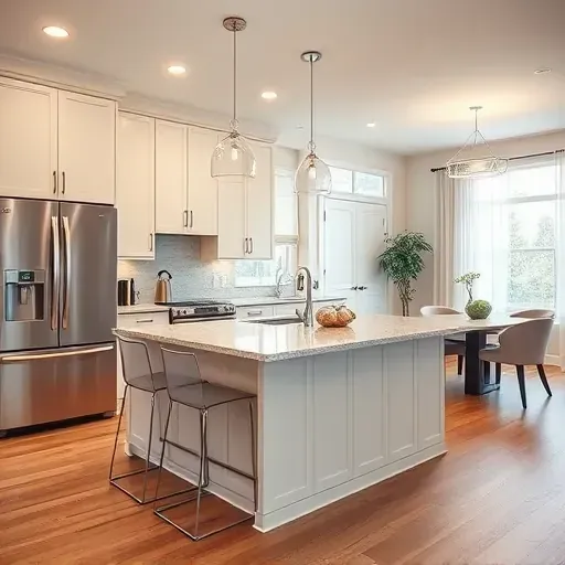 Remodeled modern kitchen in New Carrollton MD with matte cabinets stainless steel appliances granite island pendant lighting hardwood floors and large windows