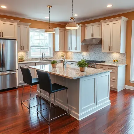 Stunning Annapolis kitchen remodel highlights modern finishes, polished granite island, stainless steel appliances, and natural light.