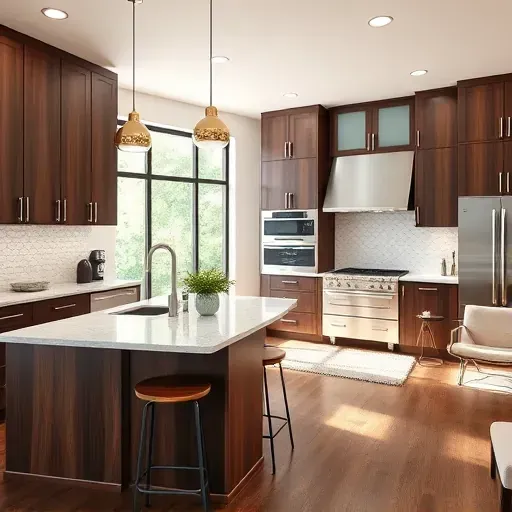 Modern kitchen remodel in Lanham MD with walnut cabinetry, marble counters, stainless appliances, and natural light.