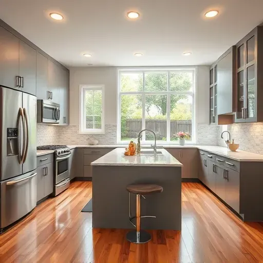 Recently remodeled modern College Park kitchen with matte cabinets stainless steel appliances marble island lush backyard view