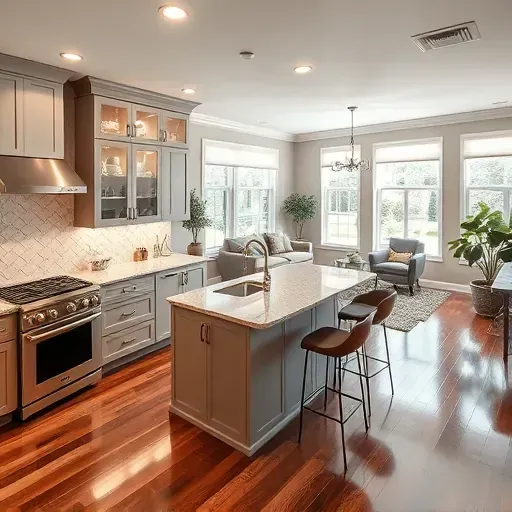 Modern kitchen remodel in Suitland, MD featuring stainless steel appliances, granite countertops, and elegant cabinetry.
