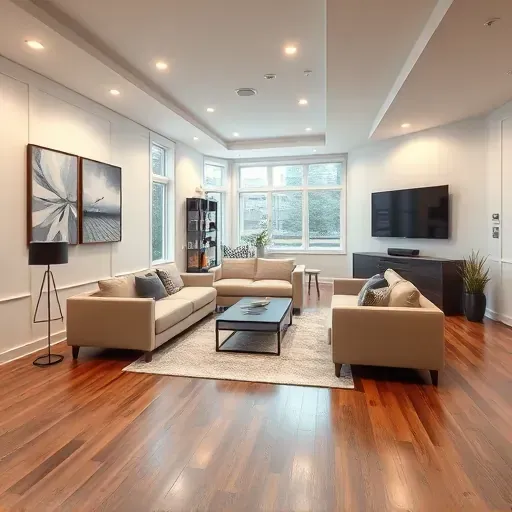 Modern basement in Hyattsville MD with hardwood floors sectional sofa abstract art large windows greenery and sleek decor