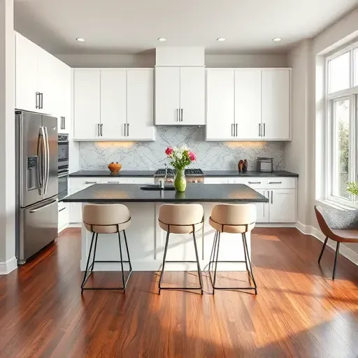 Modern remodeled kitchen in Upper Marlboro MD with white cabinetry, dark granite countertops, and stainless appliances.