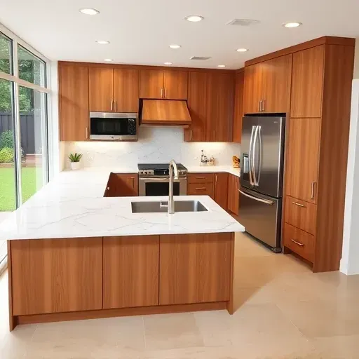 Modern remodeled Hyland Hills kitchen with wooden cabinets white marble countertops stainless steel appliances and natural light