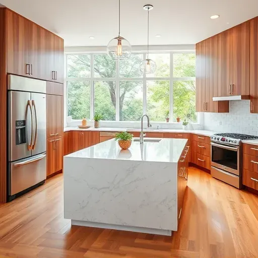 Recently remodeled modern kitchen in Hyattsville with quartz countertops, wood cabinetry, and panoramic windows.