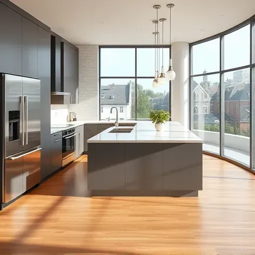 Recently remodeled Washington D.C. modern kitchen with matte cabinets stainless steel appliances marble island city views natural daylight