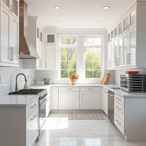 Modern kitchen remodel in Glen Burnie MD features marble counters, stainless appliances, and elegant cabinetry.