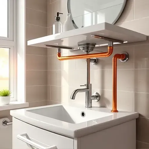 Perfectly installed bathroom plumbing with copper pipes, modern fixtures, tiled walls, bright lighting, and sleek vanity.