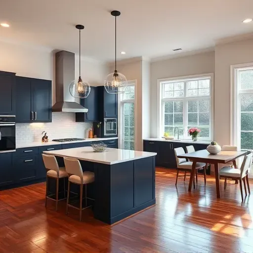Modern kitchen remodel in Greenbelt MD with navy cabinets, white quartz counters, stylish island, and open dining area.