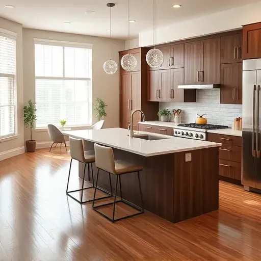 Modern Largo MD kitchen remodel features walnut cabinetry, quartz countertops, stainless steel appliances, and natural lighting.
