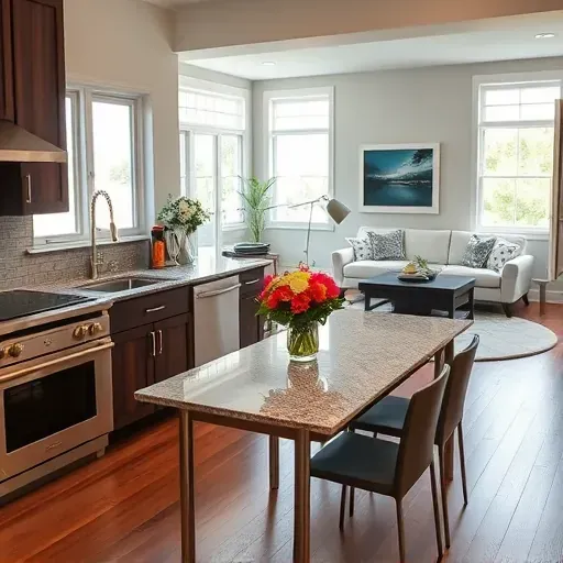Modern kitchen remodel in Hyland Hills featuring dark wood cabinetry, stainless steel appliances, and floral centerpiece.