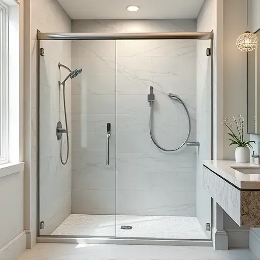 Modern bathroom with sleek glass shower enclosure, marble tiles, chrome fixtures, natural lighting, and minimalist design.