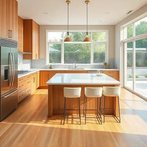 Remodeled Fort Washington MD kitchen with stainless steel appliances, quartz island, warm wood cabinets, large windows, hardwood floors, and elegant lighting