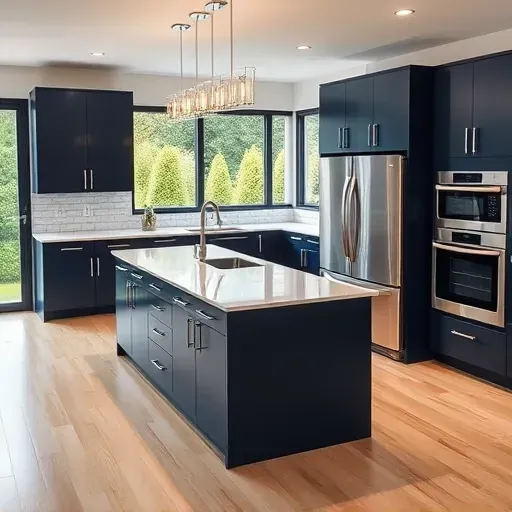 Modern kitchen remodel in Bowie MD featuring navy cabinetry, quartz countertop, pendant lights, and natural light.