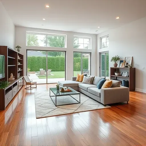Modern Baltimore living room with open floor plan, polished hardwood floors, sleek furniture, and abundant natural light.