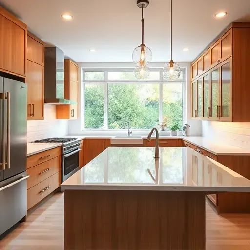 Remodeled Takoma Park Maryland modern kitchen with wood cabinetry stainless appliances quartz island greenery view