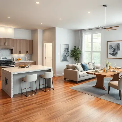 Modern remodeled kitchen and living space in Clinton, MD with sleek appliances, granite island, and elegant decor.