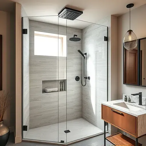 Completed modern walk-in shower in Hyattsville MD with glass panels, textured tile, rainfall head, and sleek fixtures