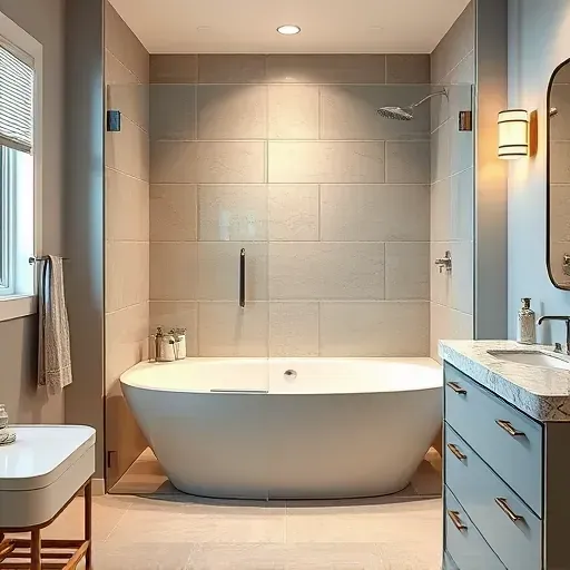 Flawlessly finished modern bathroom with walk-in shower, sleek glass doors, neutral tiles, stylish vanity, and warm ambient lighting
