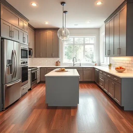 Modern kitchen remodel in District Heights MD with sleek matte cabinets stainless steel appliances quartz countertops hardwood floors subway tile backsplash and ample natural light