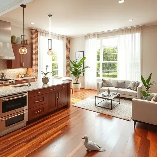 Elegant remodeled living space in Fairfax VA with modern kitchen, cozy seating, and natural light through large windows.